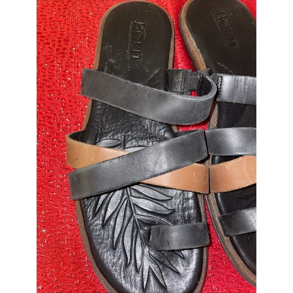 Born Cetina Sandals Womens Size 7 Shoes Black Brown Leather Slip On Thong Toe